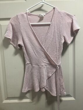 Caution To The Wind Light Pink Ribbed Wrap Blouse